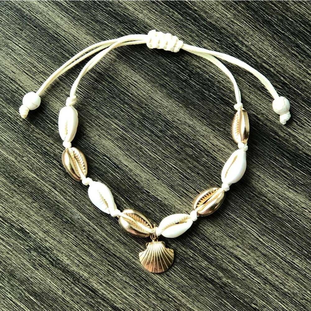 Real Puka Shell Seashell Summer Gold Tone Adjustable Anklet